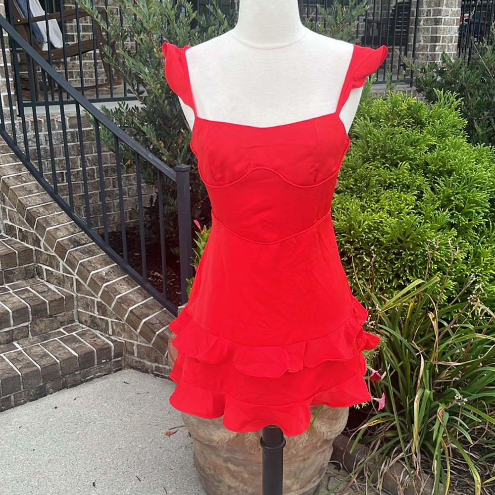 Red Flirty Flutter Sleeve Party Mini Dress New - Picture 10 of 13